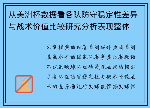 从美洲杯数据看各队防守稳定性差异与战术价值比较研究分析表现整体 从美洲杯数据看各队防守稳定性差异与战术价值比较研究分析表现整体